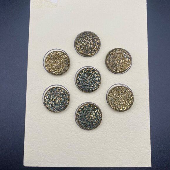 Antique Brass Floral Button Set 7 Victorian Art Nouveau Raised Vine Patina c1900 - Picture 1 of 6
